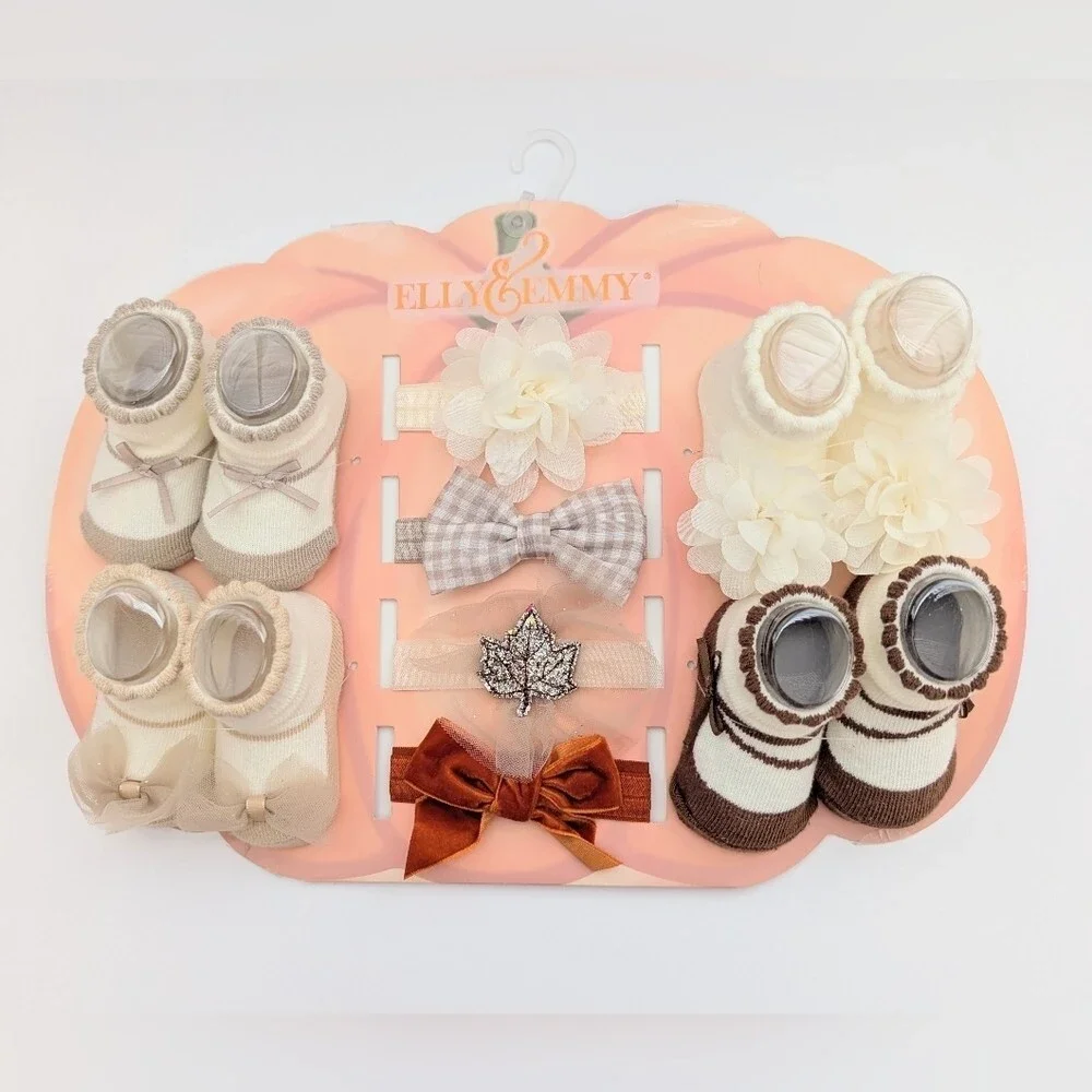 NWT 8 Piece Baby Gift Set (0-12months) 4 Socks/Booties & 4 Headwraps/Headbands